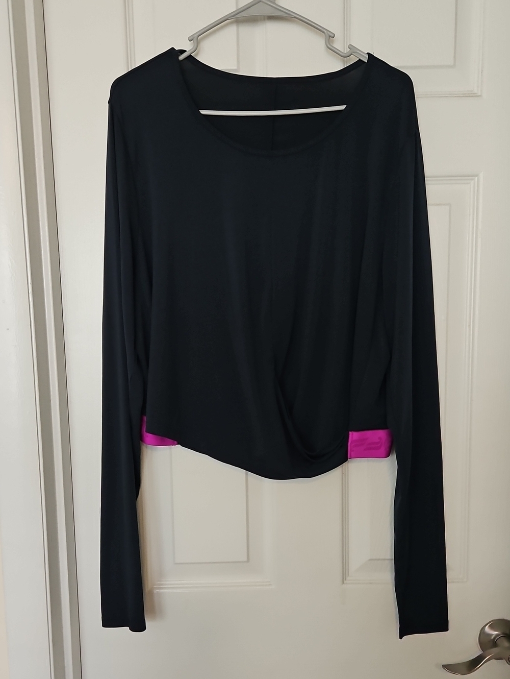 Fabletics Navy Blue Long-Sleeve Top with Pink Hem Accent